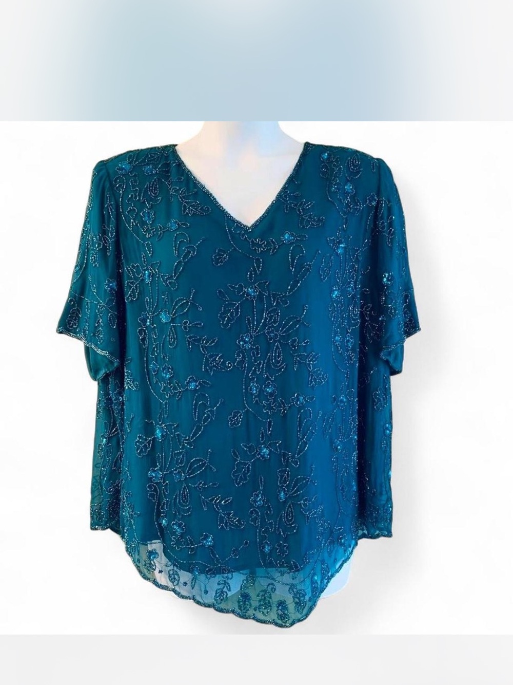 Glam Sparkly Embellished V-Neck Teal Women's Top with silk lining size 24W